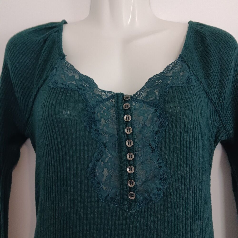 Y2K Boho Style Lace Detail Henley V-Neck Grunge Butterfly   Green Women SZ Large
